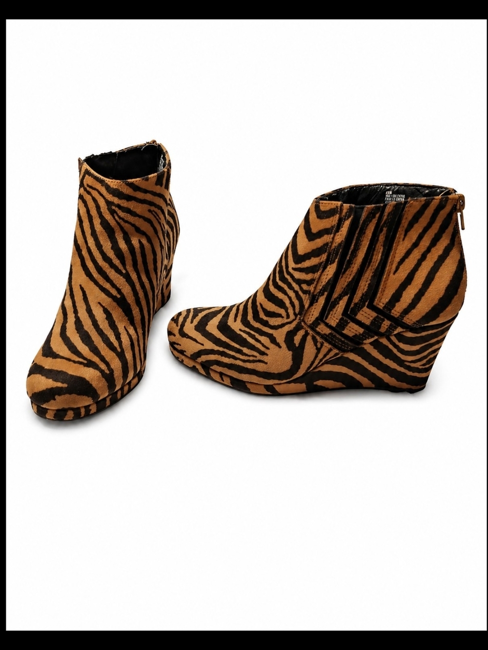 Tan and Black Zebra-Print Wedge Ankle Boots Women's Size 8.5